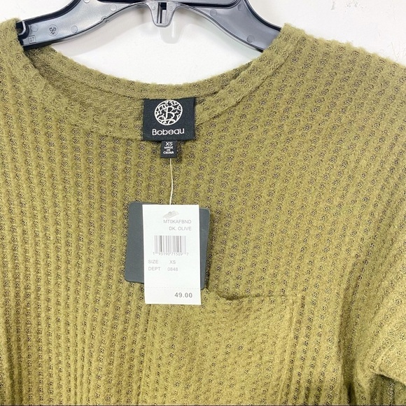 NEW BOBEAU Bobeau Waffle Knit Thermal Pocket Tunic Size XS 3/4 Sleeve Dark Olive - Picture 2 of 8